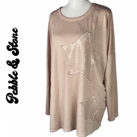 Pebble and Stone women's log sleeved sweatshirt Pink Star Sequin Top size M - Picture 1 of 13